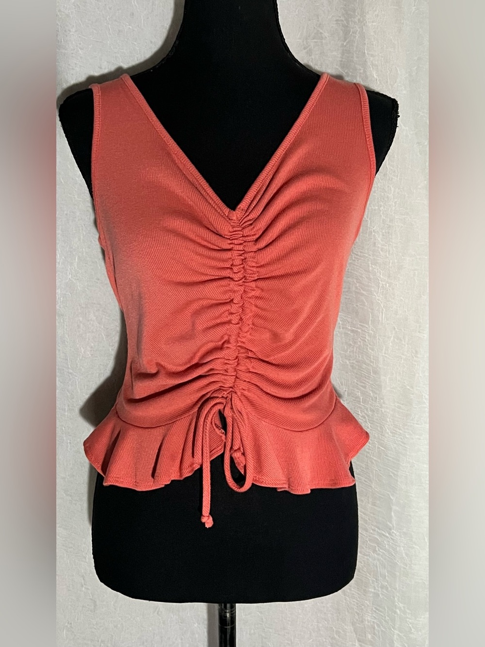 Ruched V-Neck Peplum Tank Top - Coral